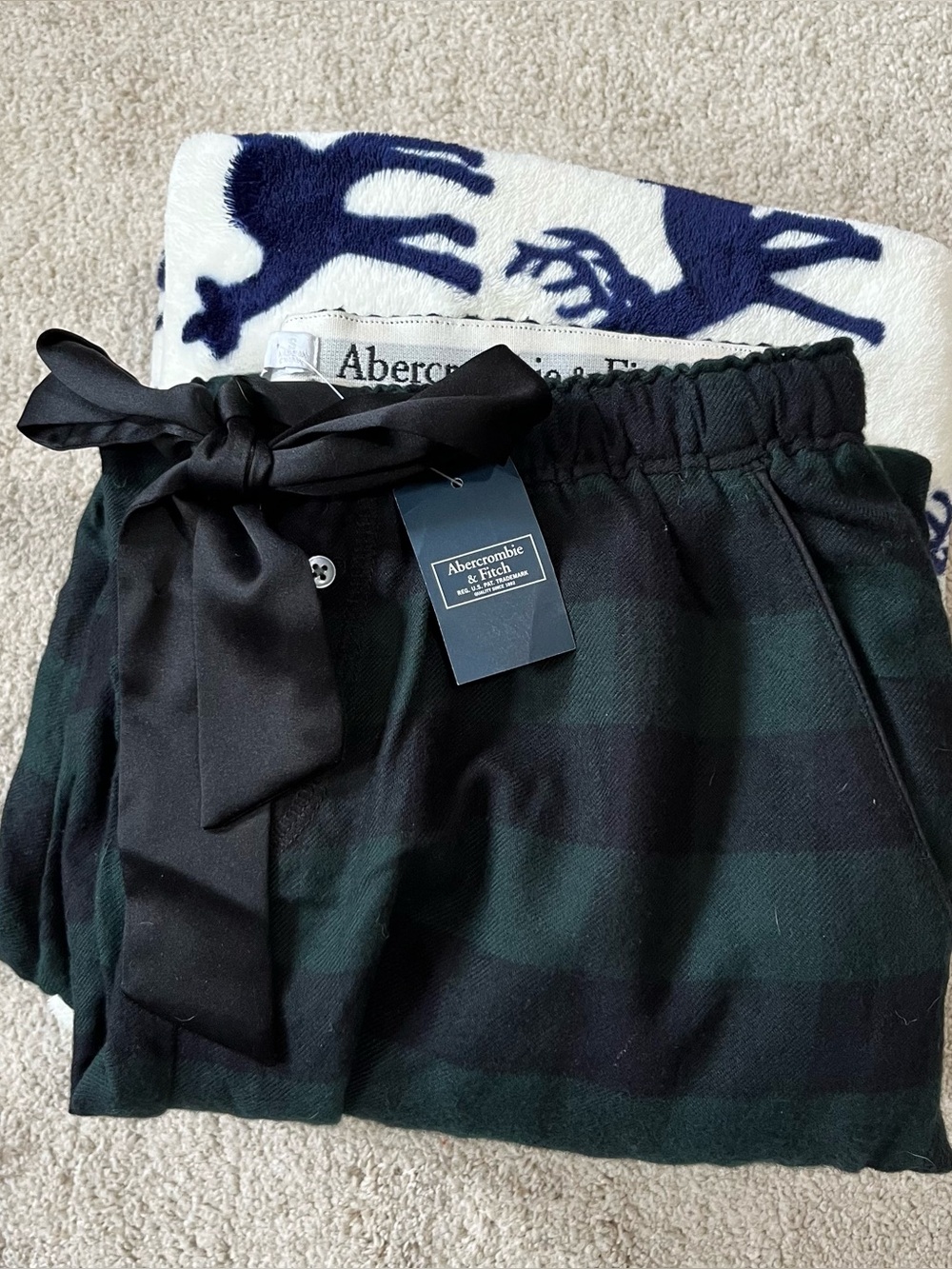 Abercrombie & Fitch Checkered Pajama Dark Green Plaid Satin Bow Waist Pants